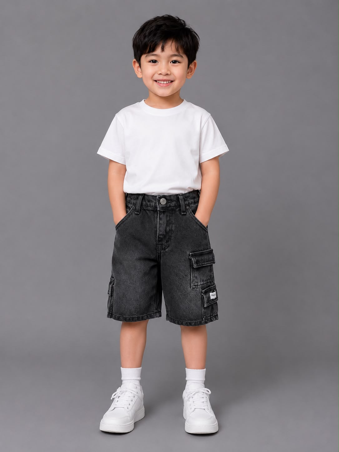 Boys Washed Black Denim Cargo Shorts – Relaxed Fit Summer Shorts with Utility Pockets