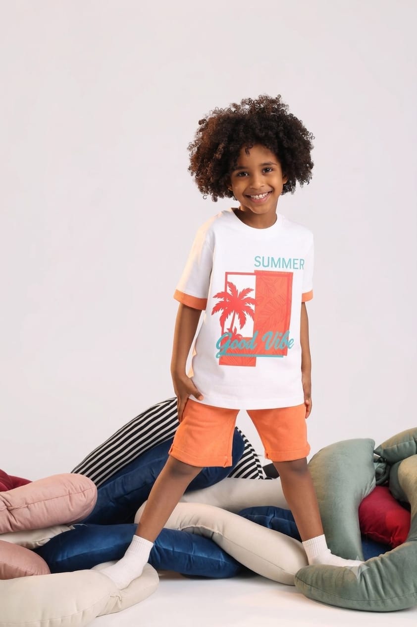 Kids Orange Palm Print Graphic T-Shirt & Shorts Set – Summer Outfit
