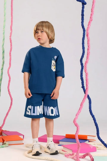 Kids Indigo "SUMWON" Print T-Shirt & Shorts Set – Cool Summer Outfit