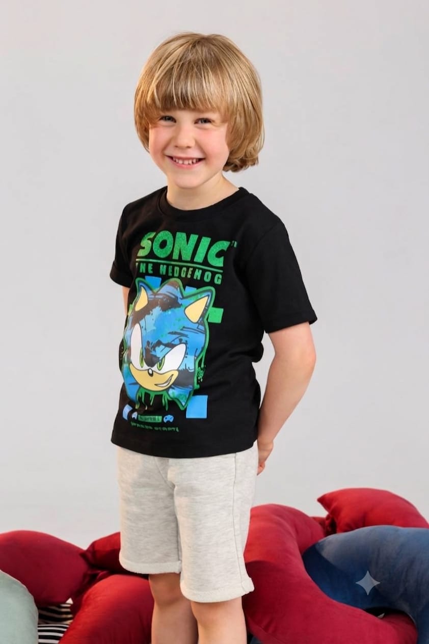 Kids Sonic The Hedgehog Graphic T-Shirt & Black Shorts Set – Cotton Summer Outfit