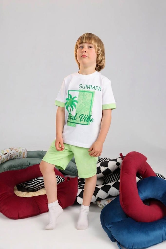 Bubbles Bring Bliss Kids Summer Pajama Set – Green “Good Vibe” Cotton T-Shirt & Shorts