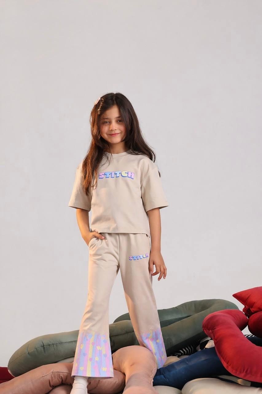 Girls Stitch Print Beige T-Shirt & Wide-Leg Pants Set – Soft Cotton Outfit