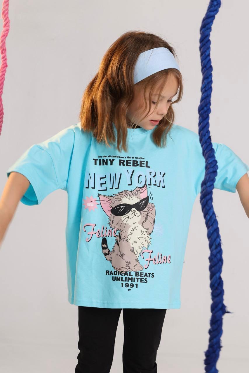 Girls Turquoise "Tiny Rebel New York" Cat Print Graphic T-Shirt