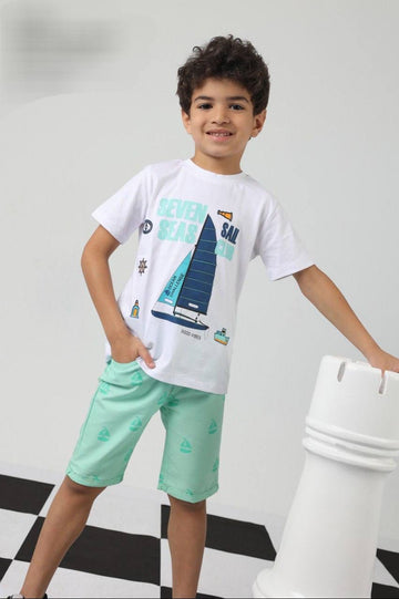 Boys Sailboat Graphic T-Shirt & Mint Shorts Set – White Summer Outfit