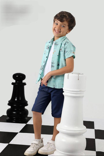 Boys Mint Printed Shirt & Navy Shorts Set – Smart Summer Outfit