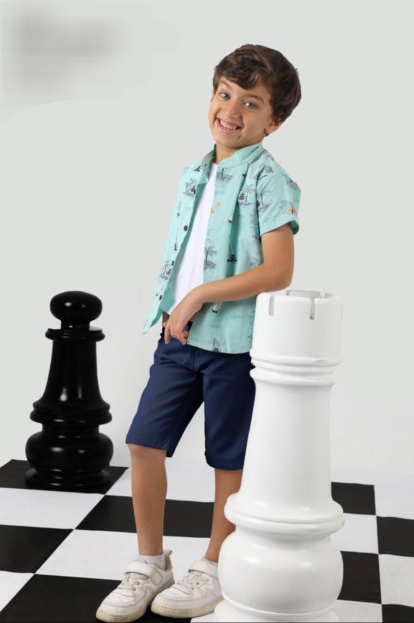 Boys Mint Printed Shirt & Navy Shorts Set – Smart Summer Outfit
