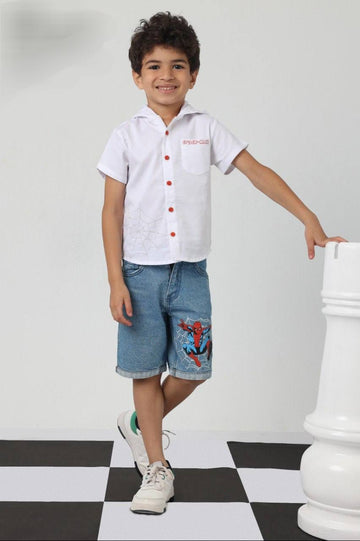 Boys Spider-Themed White Shirt & Denim Shorts Set – Smart Casual Outfit