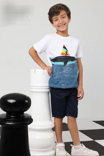 Boys Shark Graphic T-Shirt & Navy Shorts Set – Casual Summer Outfit