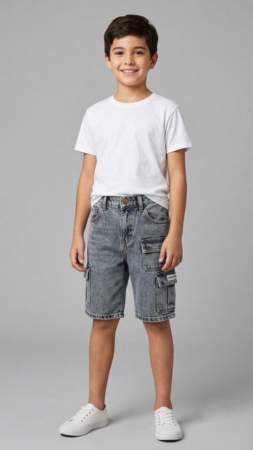 Kids Washed Denim Cargo Bermuda Shorts – Multi-Pocket Knee-Length Jean Shorts for Boys