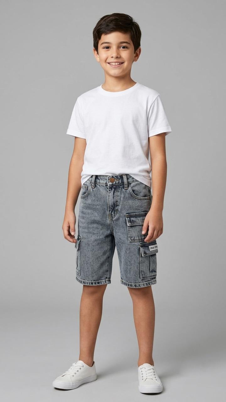 Kids Washed Denim Cargo Bermuda Shorts – Multi-Pocket Knee-Length Jean Shorts for Boys