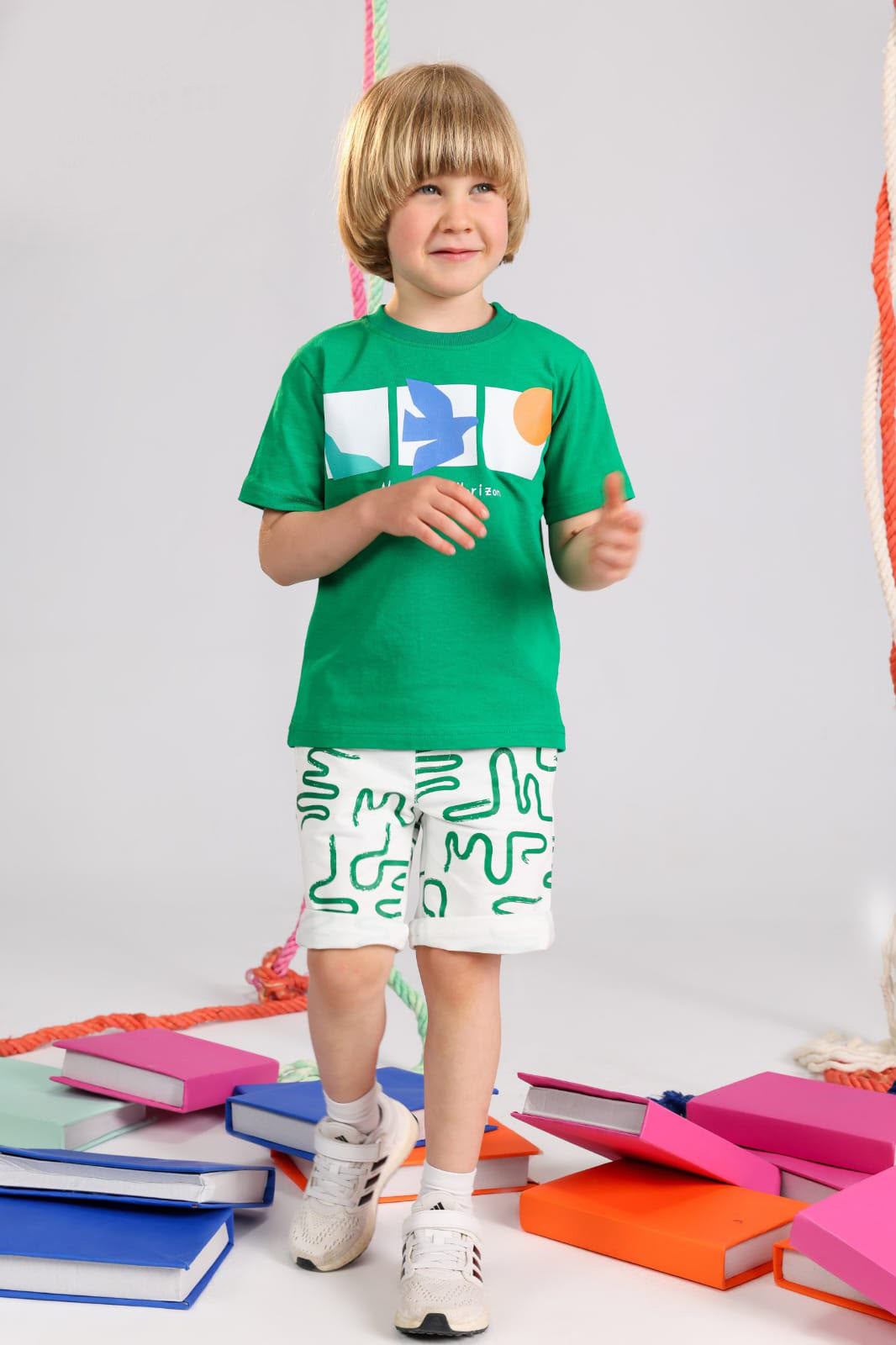 Kids Green Graphic T-Shirt & Printed Shorts Set – Cotton Summer Outfit