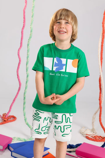 Kids Green Graphic T-Shirt & Printed Shorts Set – Cotton Summer Outfit