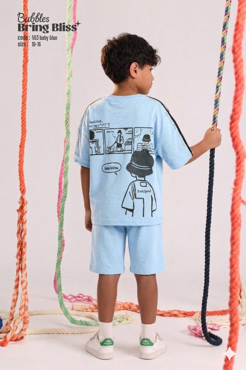 Boys' Baby Blue Graphic T-Shirt & Shorts Set – Casual 2-Piece Cotton Outfit