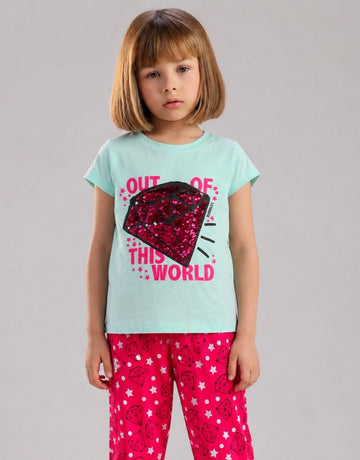 Girls’ Sequin Diamond Graphic T-Shirt & Printed Pants Set – Fun Casual 2-Piece Outfit
