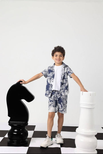 Boys’ Tropical Print Shirt & Shorts Set – Navy & White Short-Sleeve Summer Outfit