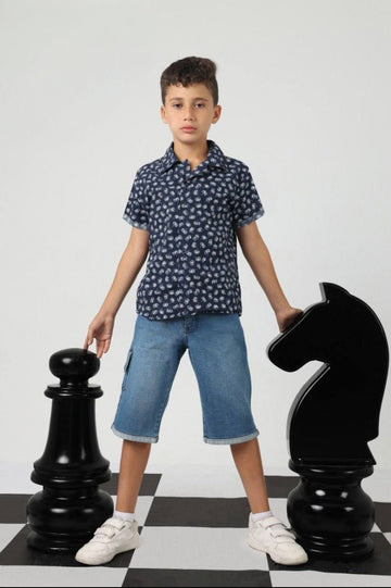 Boys’ Navy Printed Short-Sleeve Shirt – Casual Button-Up Kids’ Shirt