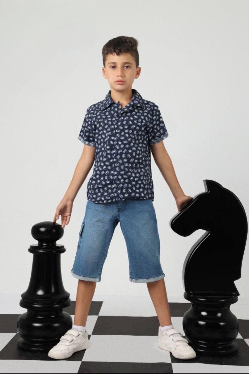 Boys’ Navy Printed Short-Sleeve Shirt – Casual Button-Up Kids’ Shirt
