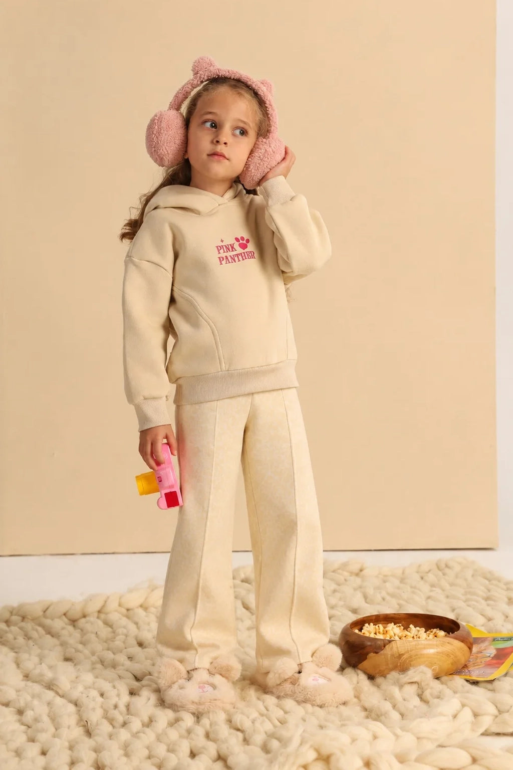 Girls’ Pink Panther Hoodie & Printed Leggings Set – Beige