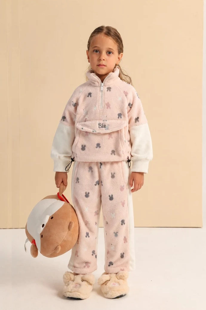 Girls’ Cozy Bunny Fleece Half-Zip Set – Soft Pink