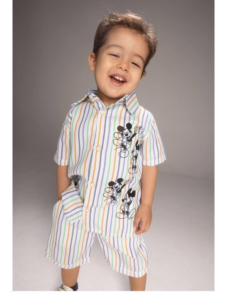 Toddler Boys Mickey Mouse Striped Shirt & Shorts Set – Lightweight Summer Outfit (6M–2Y)