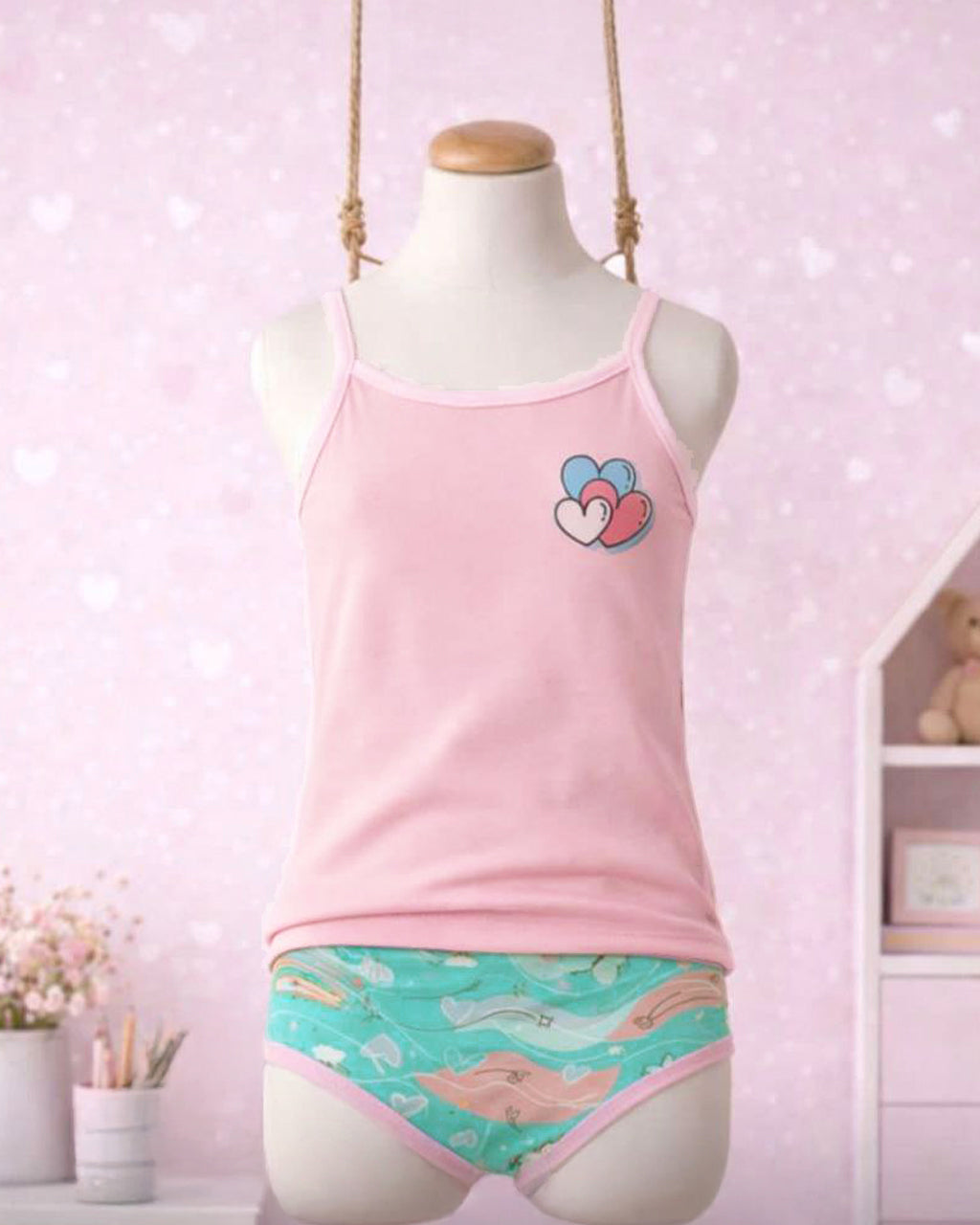 Girls Hearts Cotton Set – Pink Cami Top & Printed Brief