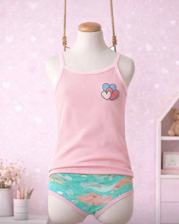 Girls Hearts Cotton Set – Pink Cami Top & Printed Brief