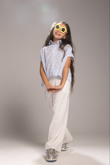 Girls’ Light Blue Eyelet Top & White Wide-Leg Pants Set – Stylish Casual Outfit for Kids