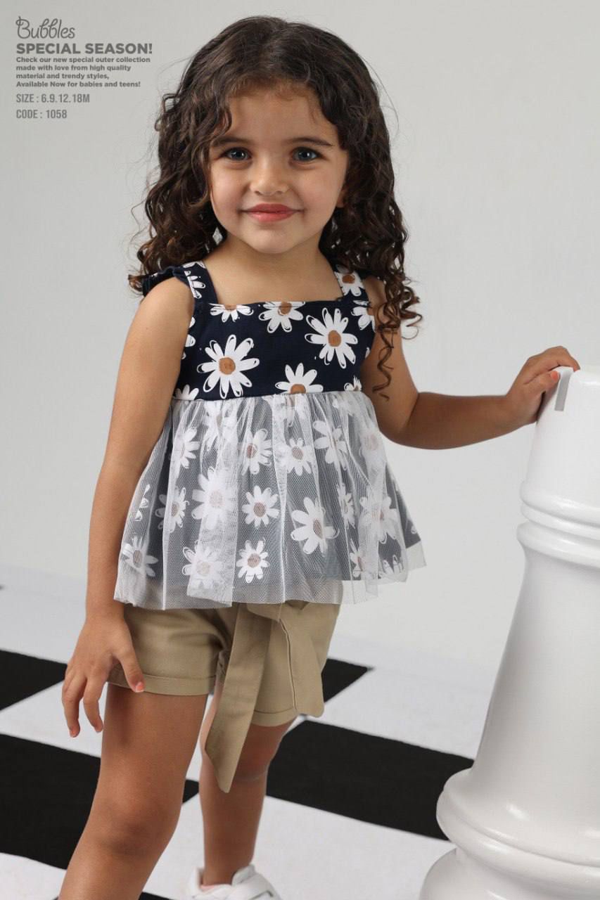 Girls Daisy Print Mesh Peplum Top & Shorts Set – Cute Summer Outfit for Toddlers