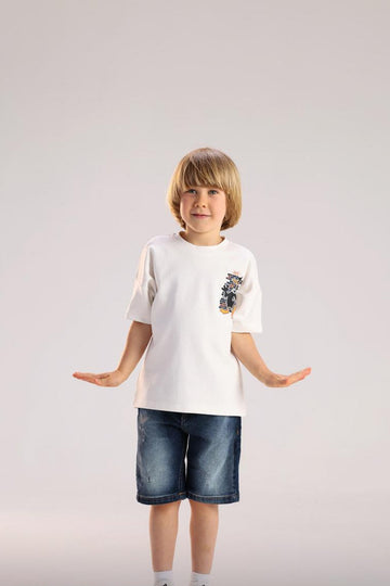 Boys White Graphic Cotton T-Shirt – Casual Short Sleeve Tee