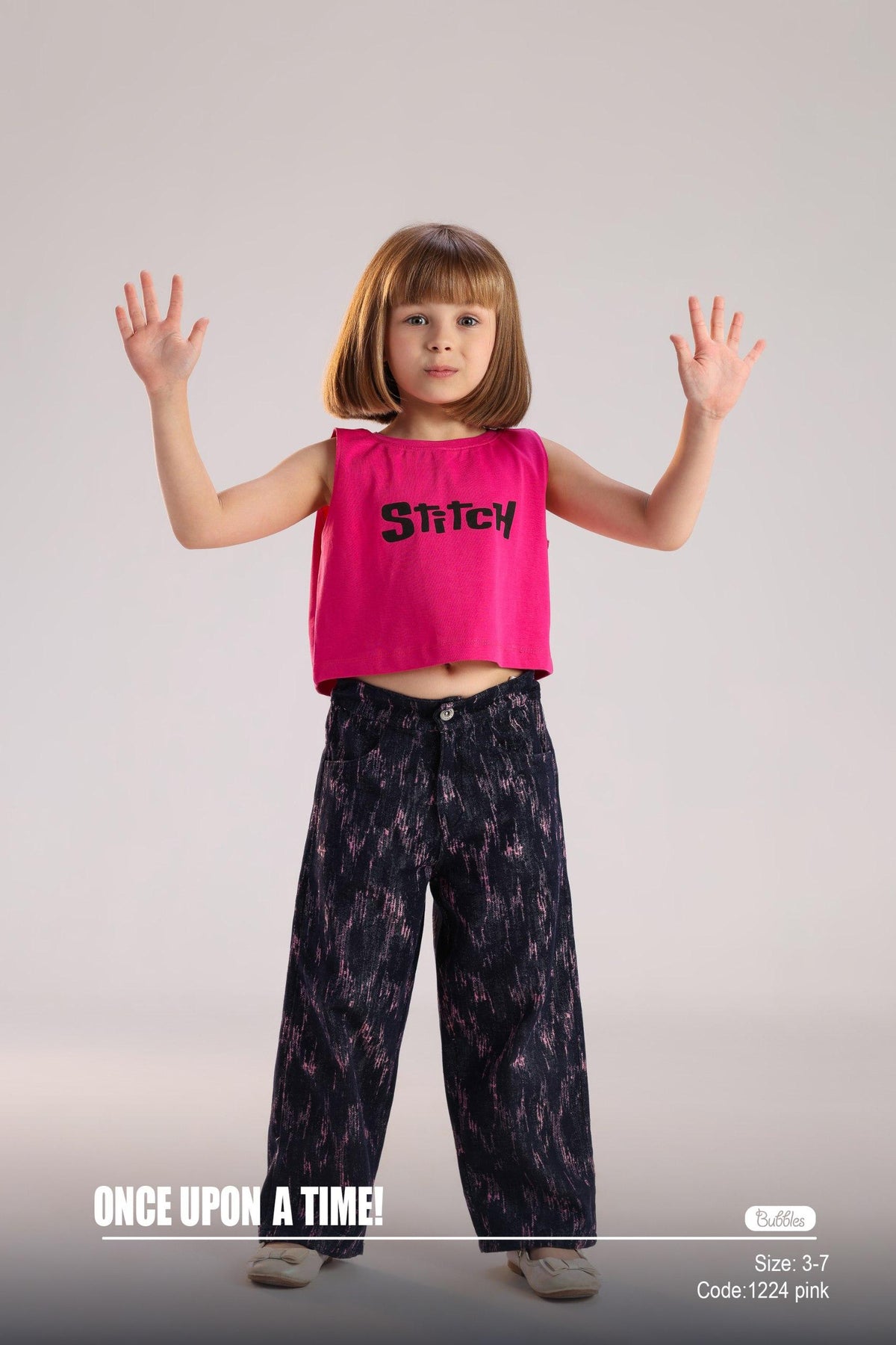 Kids Stitch Pink Crop Top & Wide-Leg Pants Set – Trendy Girls Summer Outfit