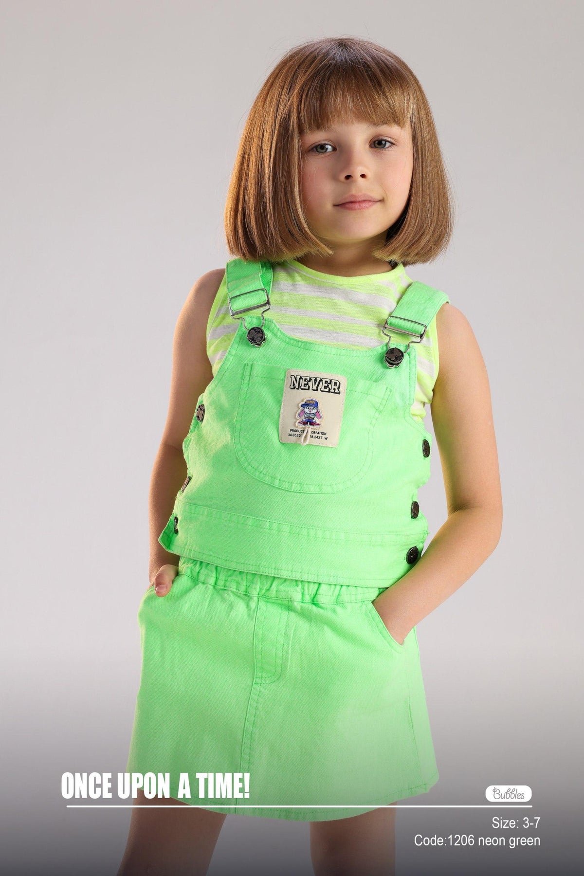 Kids Neon Green Pinafore Skirt Set with Striped Sleeveless Top – Trendy Summer Outfit for Girls