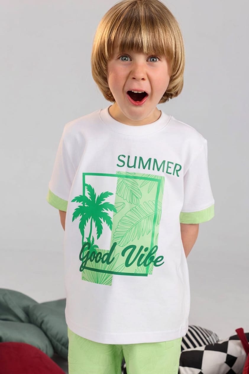 Bubbles Bring Bliss Kids Summer Pajama Set – Green “Good Vibe” Cotton T-Shirt & Shorts