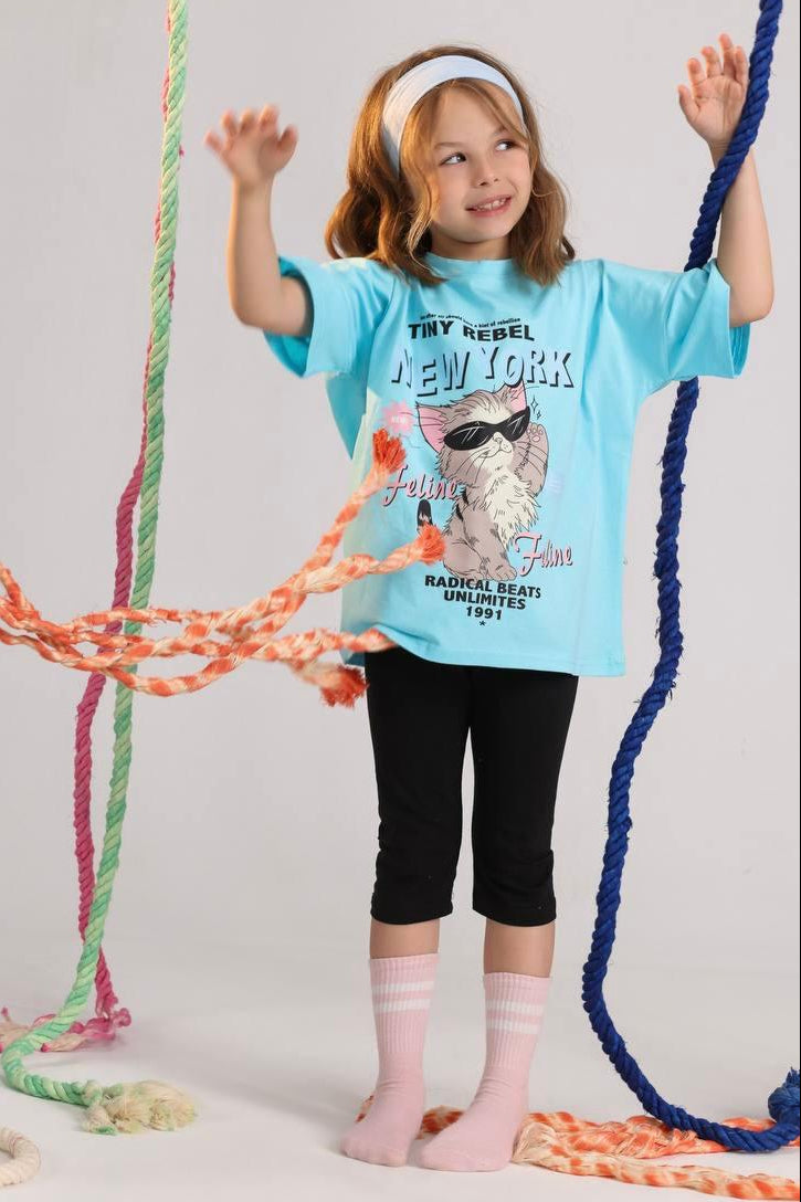 Girls Turquoise "Tiny Rebel New York" Cat Print Graphic T-Shirt