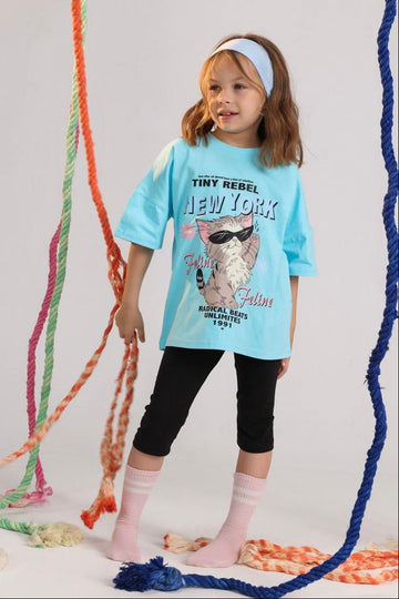 Girls Turquoise "Tiny Rebel New York" Cat Print Graphic T-Shirt