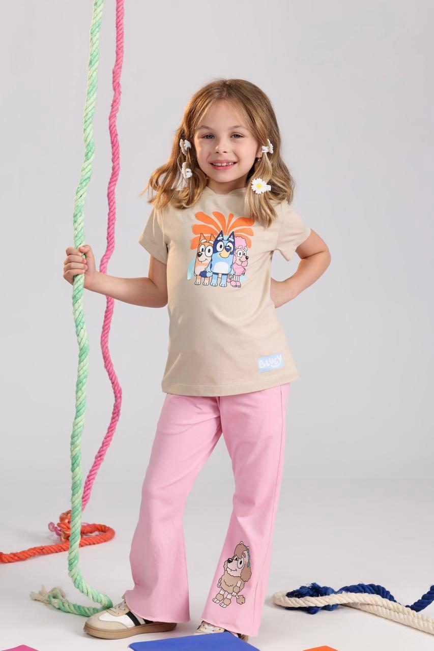 Girls Beige Bluey Graphic T-Shirt – Soft Cotton Kids Cartoon Tee (Ages 2–10)