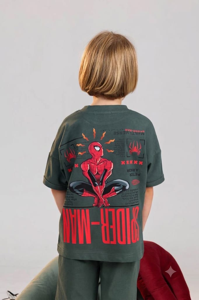 Kids Spider-Man Dark Green Graphic T-Shirt – Soft Cotton Superhero Tee