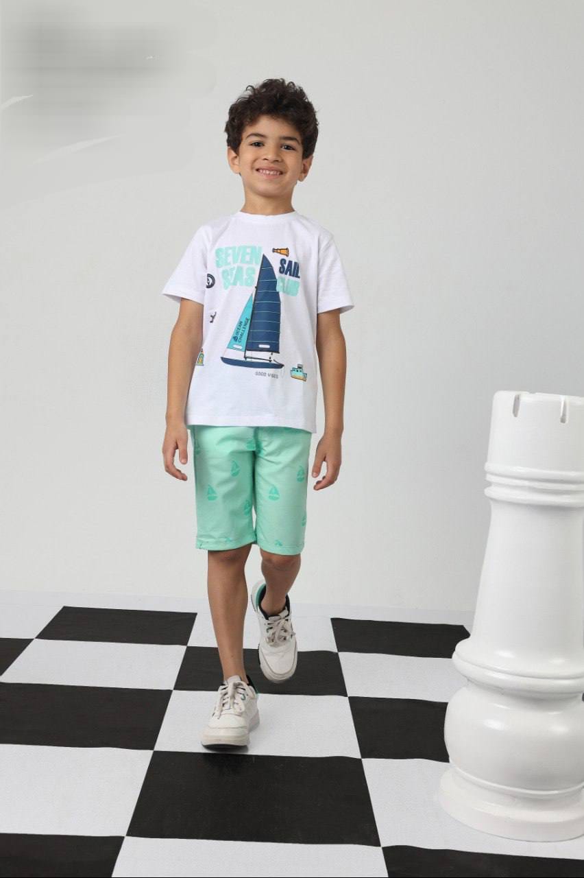 Boys Sailboat Graphic T-Shirt & Mint Shorts Set – White Summer Outfit