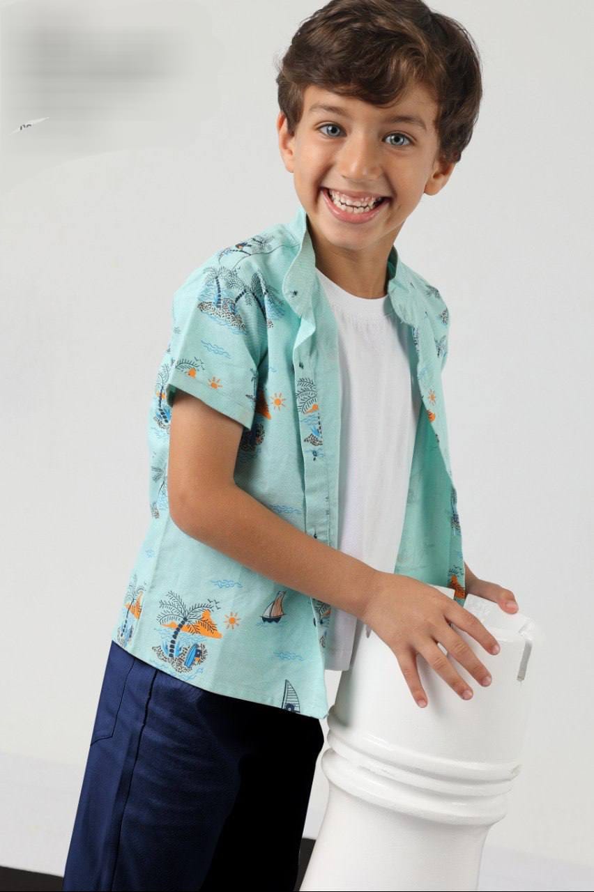 Boys Mint Printed Shirt & Navy Shorts Set – Smart Summer Outfit