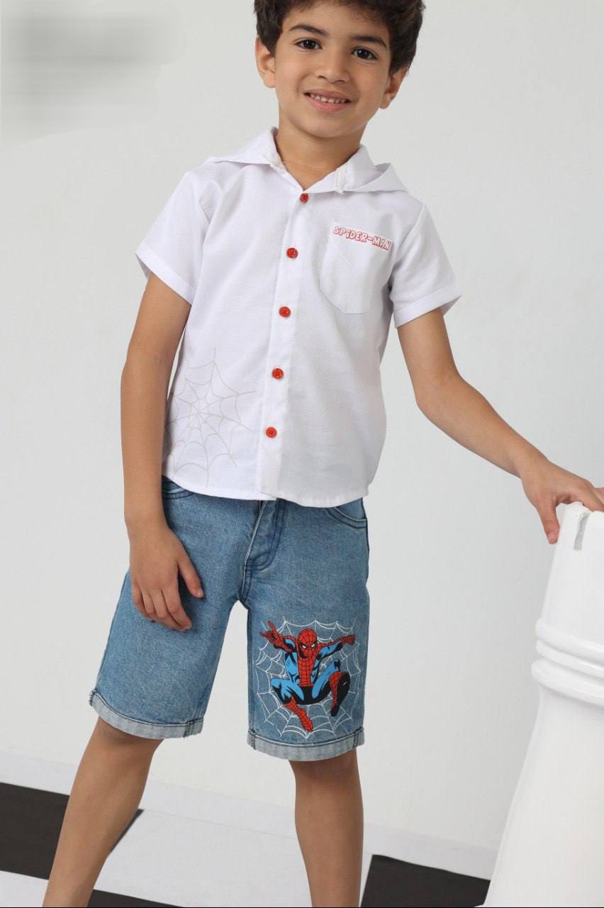 Boys Spider-Themed White Shirt & Denim Shorts Set – Smart Casual Outfit