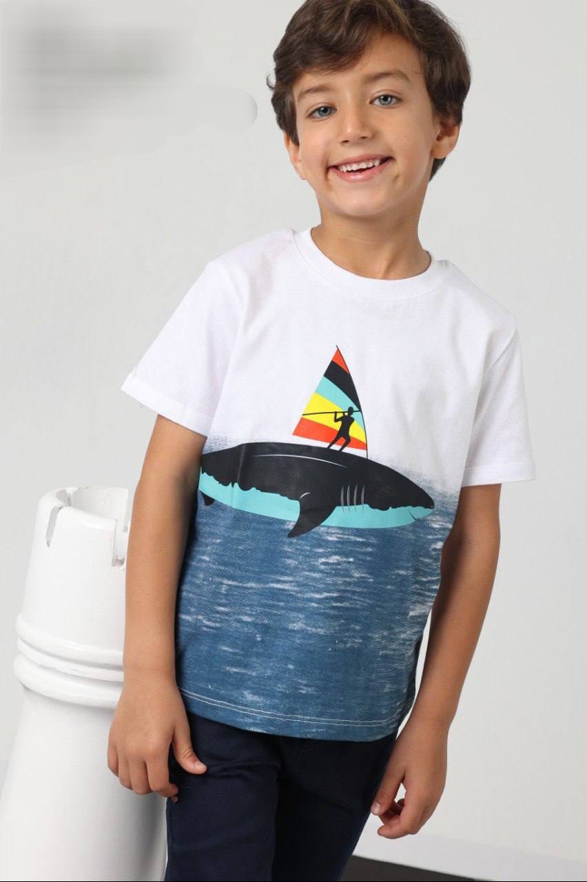 Boys Shark Graphic T-Shirt & Navy Shorts Set – Casual Summer Outfit
