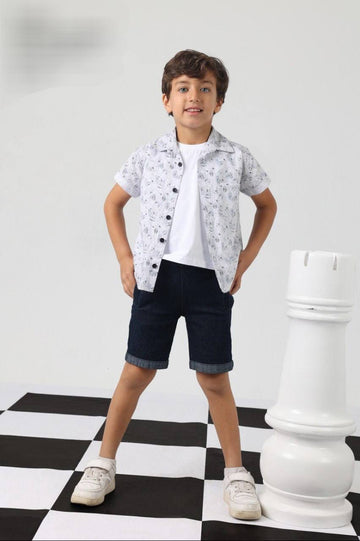 Boys Printed Shirt & Denim Shorts Pajama Set – White Button-Up Top & Navy Shorts