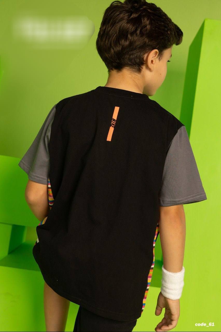 Boys' Performance T-Shirt & Shorts Set – Black Athletic Two-Piece Outfit with Color Block Side Panels | Kids Sportswear