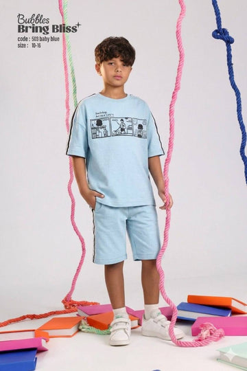 Boys' Baby Blue Graphic T-Shirt & Shorts Set – Casual 2-Piece Cotton Outfit