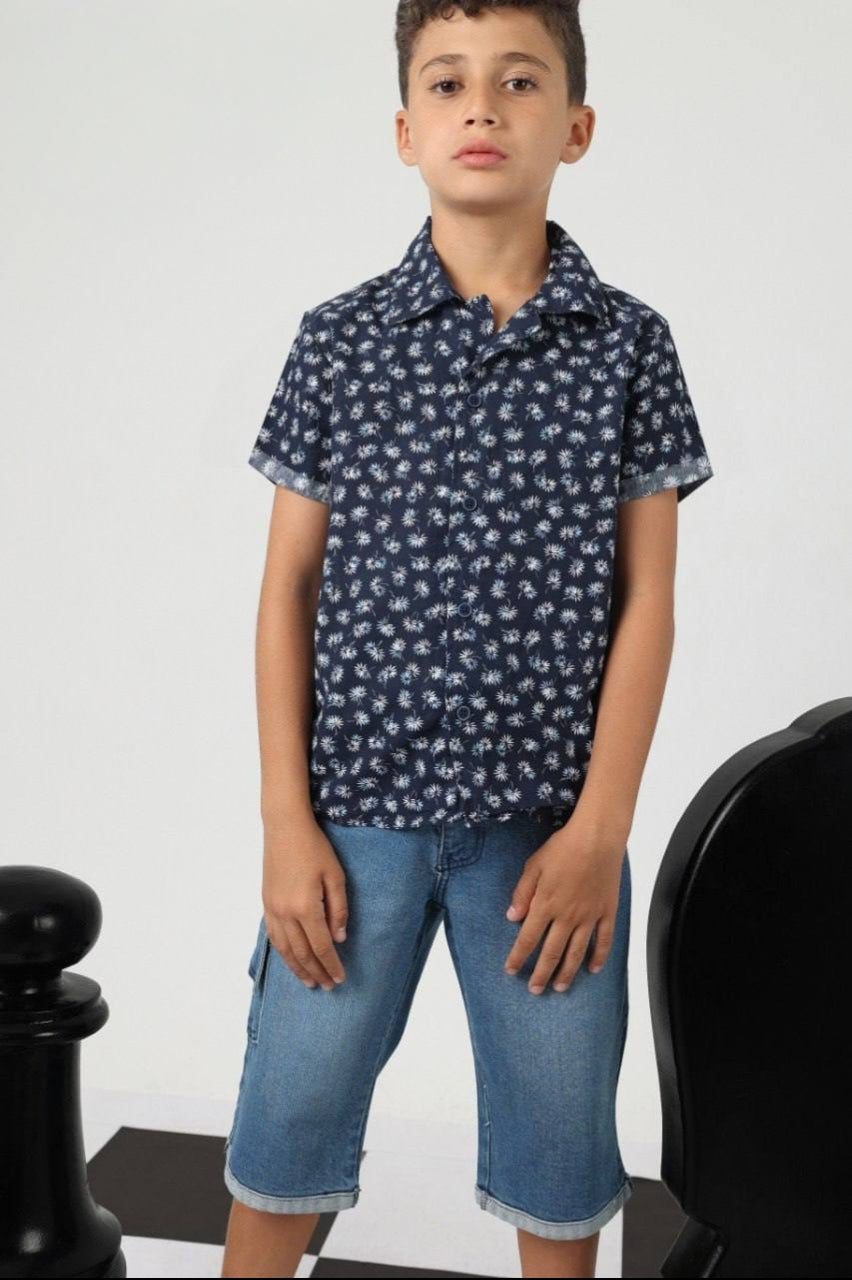 Boys’ Navy Printed Short-Sleeve Shirt – Casual Button-Up Kids’ Shirt