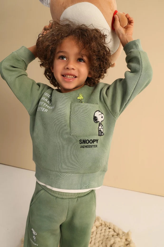 Boys’ Sage Green Snoopy Sweatshirt & Pants Set