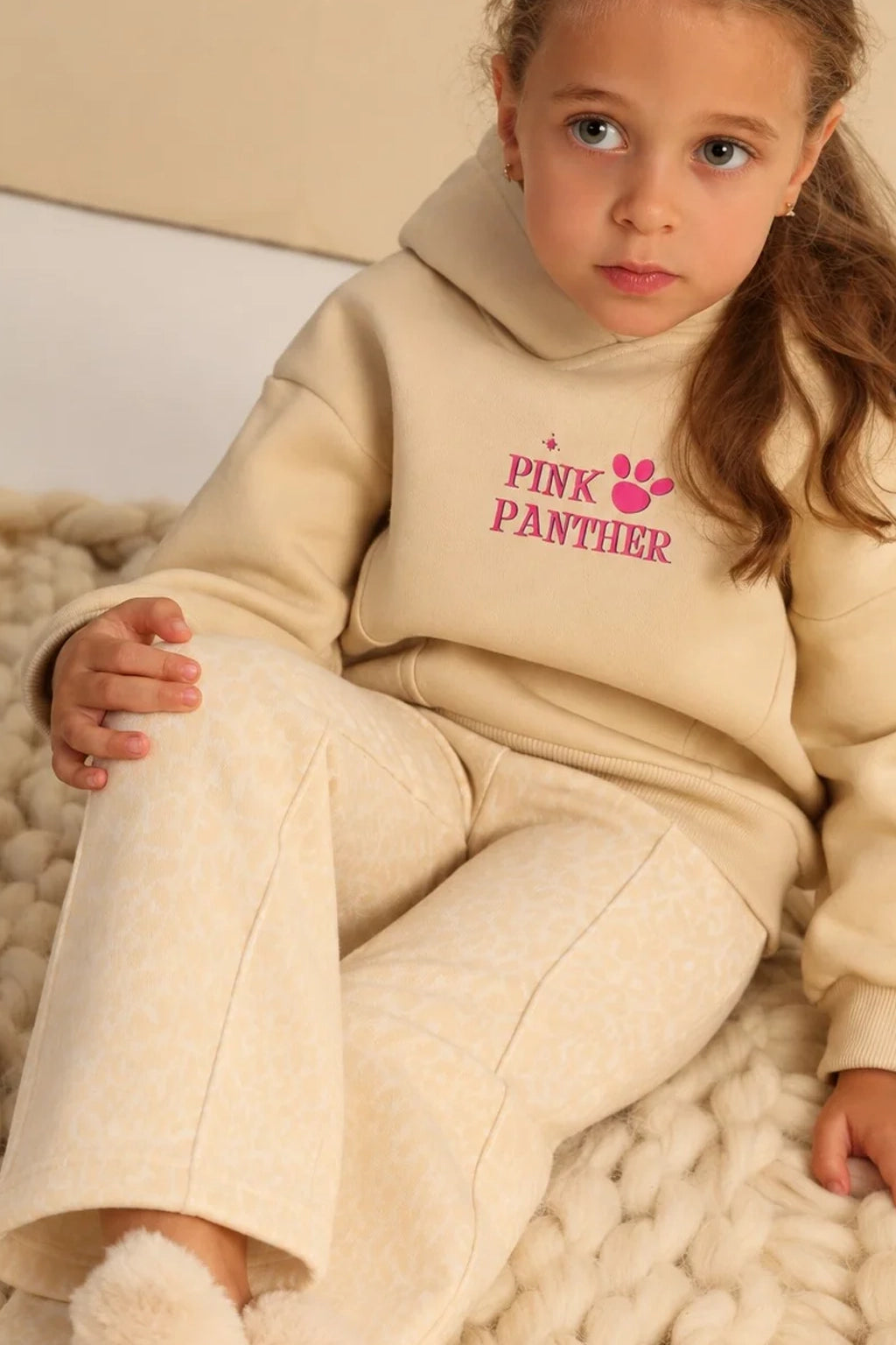Girls’ Pink Panther Hoodie & Printed Leggings Set – Beige
