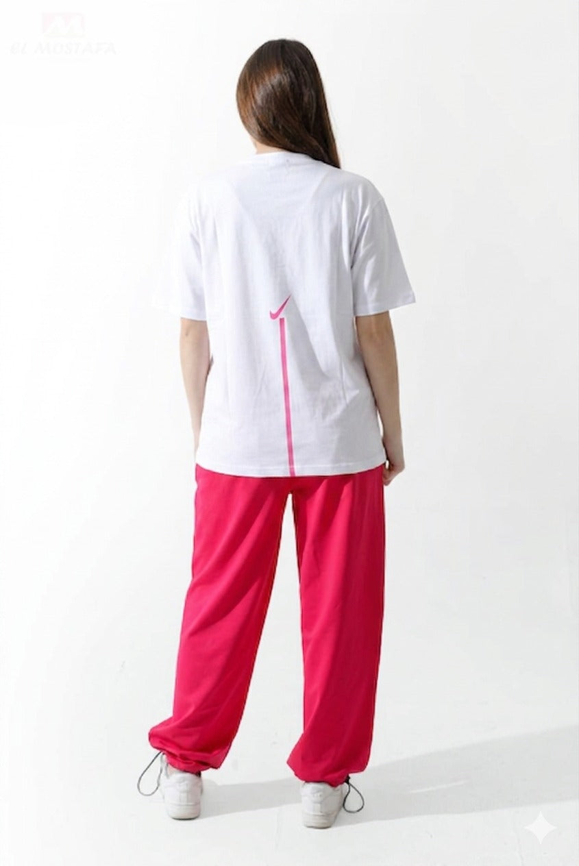 Girls Oversized Graphic T-Shirt Set – Beige Tee & Pink Cargo Pants