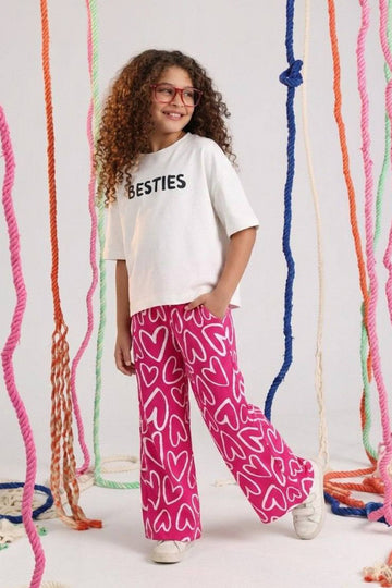 Besties Girls Casual Set – White Top & Pink Heart Print Pants