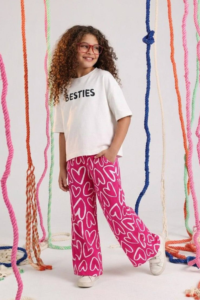 Besties Girls Casual Set – White Top & Pink Heart Print Pants