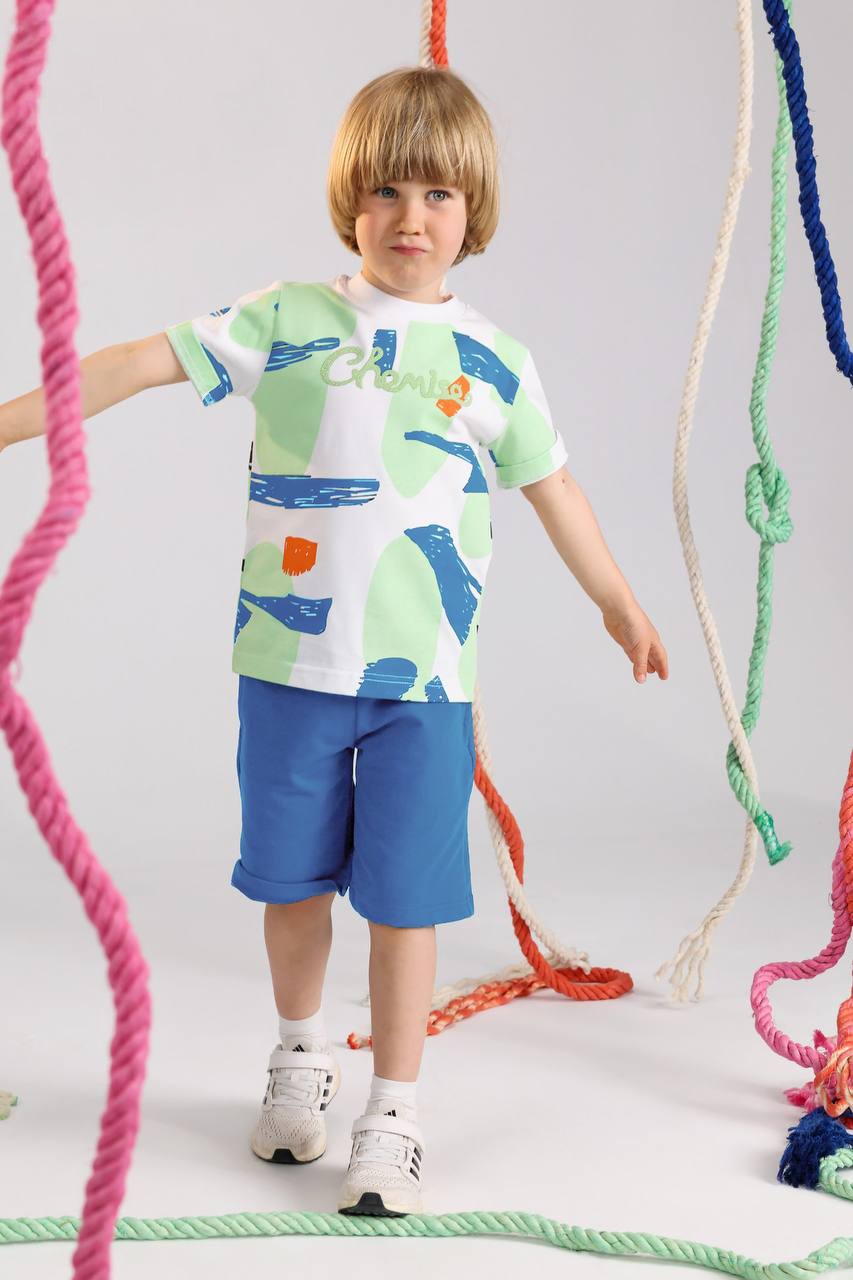 Kids Abstract Print Summer Set – White Graphic T-Shirt & Blue Shorts